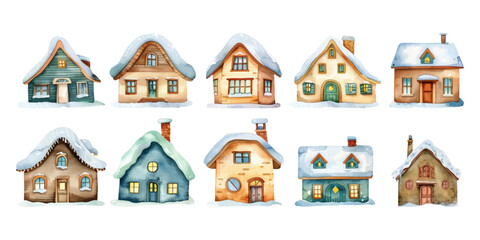 Set of watercolor houses with snow on white background.