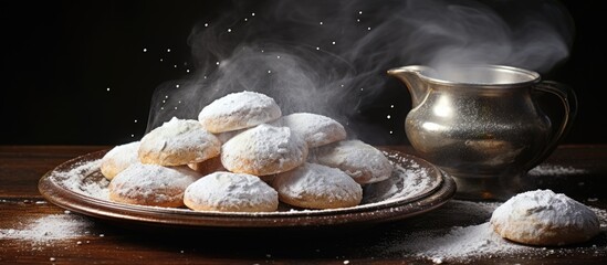 Obraz premium Delicate Eid Sweets with Tea: Celebratory Maamoul Cookies and Powdered Sugar on Kahk