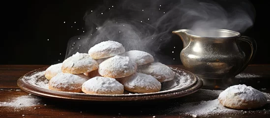 Poster Delicate Eid Sweets with Tea: Celebratory Maamoul Cookies and Powdered Sugar on Kahk © HN Works