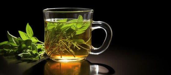 A Glass Mug Filled with Green Tea and a Sprig of Thyme and Mint Close-up