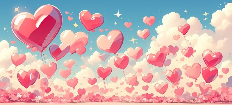 cute pink heart balloon floating in sky, cartoon illustration, Ai Generated