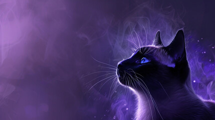 A graceful Siamese cat gazing intently against a royal purple background.