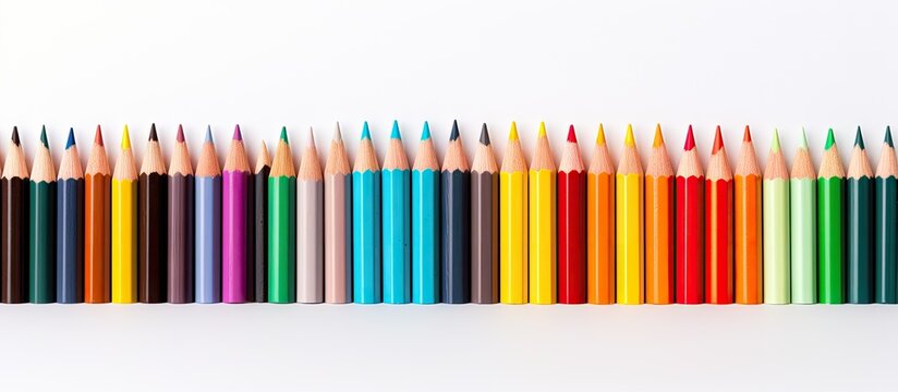Vibrant Assortment of Colorful Colored Pencils Arranged in Neat Order on White Surface