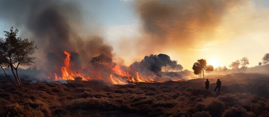 Fototapeta na wymiar Distant Blaze: Conservation Efforts with Controlled Burn in the Heathland Landscape