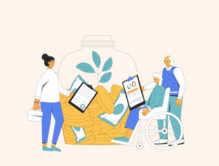 Financial insurance. Elderly couple with money and agent advice. Retirement savings protect. Pension plan. Moneybox for family. Older adult with investment security. Vector flat illustration