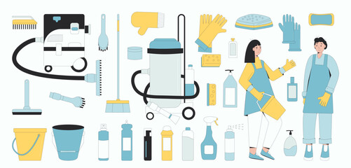 Cleaning service set isolated on white background. Housekeepers and season wash home items and equipment collection. Vacuum, gloves and brushes with bottles for cleanup. Vector flat illustration