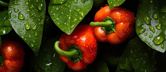 Fototapeten Vibrant Red Peppers Covered in Refreshing Water Droplets, Fresh and Crisp Farm Harvest © HN Works
