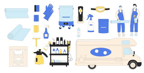 Vehicle wrapping set. Car detailing. Repair auto. Collection of isolated automobile service tools. Vector illustration in flat with outline