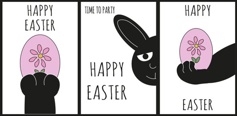 Funky Doodle Happy Easter greeting Card set. Easter holiday poster with Weird Doodle Bunny and egg. Black and white celebration banner. Vector illustration can used web postcard brochure EPS 10