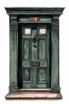 Victorian-style house door, vintage green, with "221B" number, isolated on white