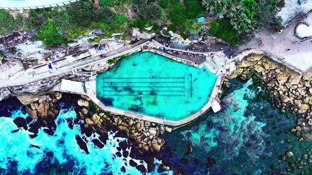 Aerial video of the rock pool at Bronte Beach Sydney, Australia