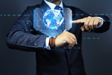 Businessman using smart watch hologram to world connection display for technology and digital transformation concept