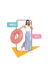 Vertical collage image of happy smiling girl walking beach going swimming pool carrying swimming circle isolated on drawing background