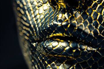 Close-up of a woman's face with snakeskin, textured surface with black and golden shades.