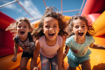 Happy children playing on inflatable bounce house. Generative AI - Powered by Adobe