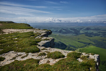 Landscape of Caucasus Bermamyt Canyon, stunning natural wonder awaiting adventurers. Mountains and rocky cliffs create a breathtaking panorama. Ancient geological formations and rugged beauty
