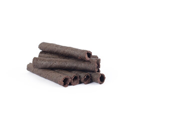 Chocolate flavor wafer roll isolated on white background
