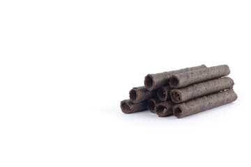 Chocolate flavor wafer roll isolated on white background
