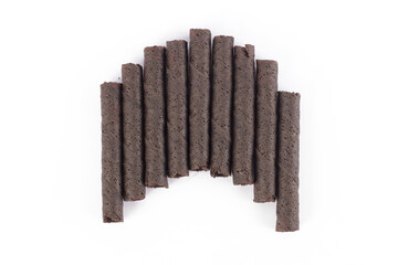 Chocolate flavor wafer roll isolated on white background