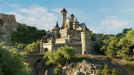 Majestic stone castle with multiple conical towers, nestled on a rocky hillside surrounded by lush greenery under a clear sky. 3d render - Powered by Adobe