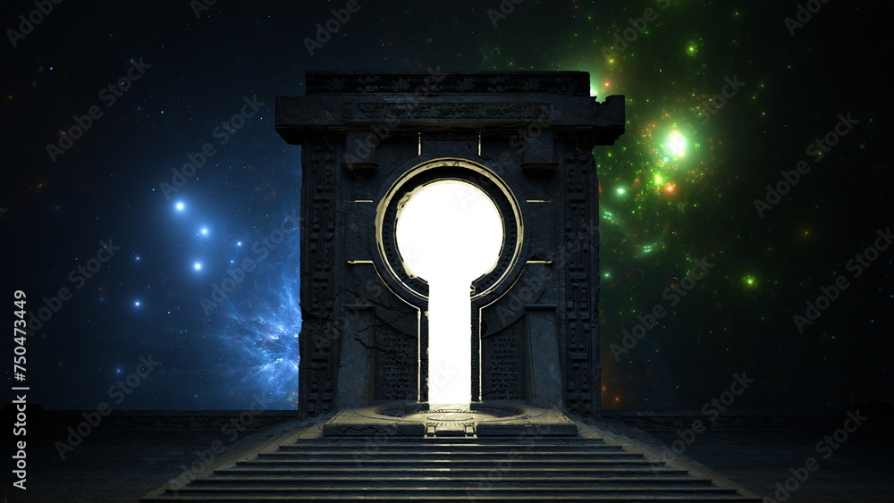 Wall mural ancient space gate portal to parallel world of universe. cosmos galaxy stars, luminous glow gateway.