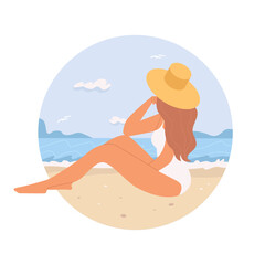 Beautiful Woman on the Beach. Vacation Mood. Flat Vector Illustration on Transparent Background.