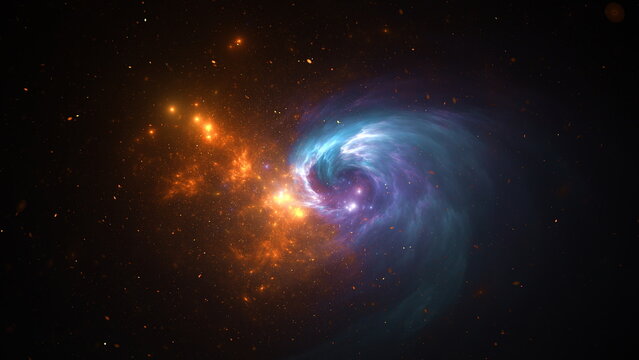 Cosmic whirl of a blue and purple nebula spirals against a backdrop of golden star fields and black space. 3d render