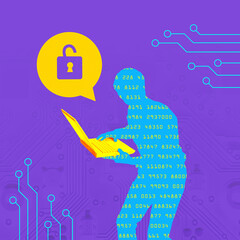 Contemporary art collage. Digital hunting. Human silhouette in encoding holds laptop and trying to unlock it. Concept of confidentiality on Internet, cybersecurity, digital crime, safety. Ad