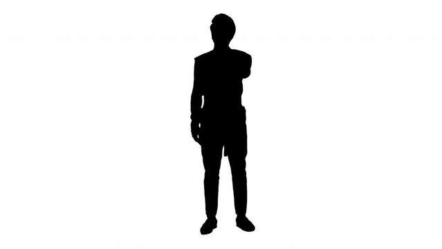 Silhouette man singer. Standing and singing on white background. Alpha matte isolated.