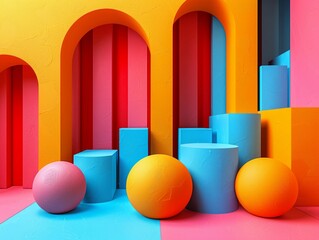 Discover the elegance of simplicity through 3D geometric shapes in bold primary colors defined by clean lines and negative space