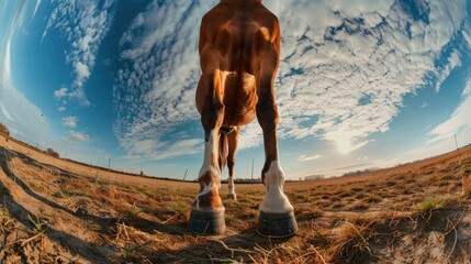 Back view of a horse  against the sky. An unusual look at animals.  - obrazy, fototapety, plakaty