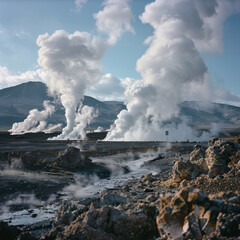 Steam vents spewing geothermal steam into the air amidst a rugged volcanic landscape