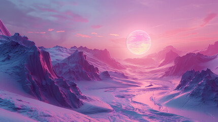 Imaginative digital art of a snowy mountain landscape on an alien planet, under the glow of a large pink sunset