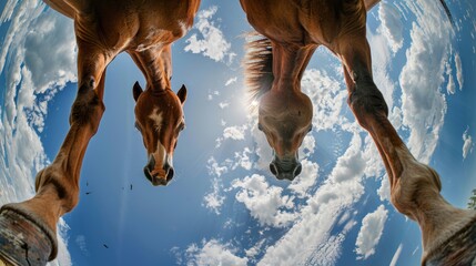 Bottom view of a horse against the sky. An unusual look at animals. Animal looking at camera - obrazy, fototapety, plakaty