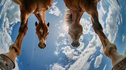 Foto op Plexiglas Bottom view of a horse against the sky. An unusual look at animals. Animal looking at camera © Vladimir