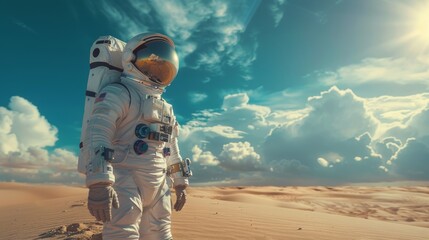 Young man in retrofuturism-style white spacesuit standing on the sand on a desert planet, looking out at other worlds and civilizations.
