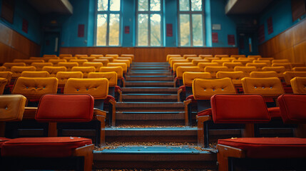 Lecture chairs in a class room with stair path in the middle of a class
