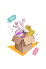 Template image drawing collage of surprise cardboard box with summer stuff for holidays special offer sale up to 70 90 percent