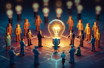 An isometric business illustration capturing small characters collaborating on creative ideas, with a prominent, isometric light bulb as the central metaphor for enlightenment - obrazy, fototapety, plakaty