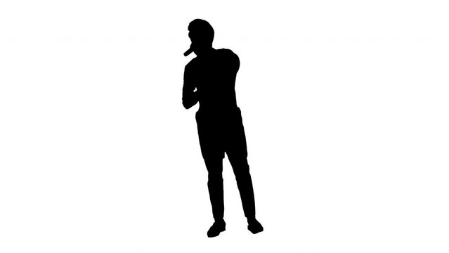 Silhouette man singer. Standing and singing on white background. Alpha matte isolated.