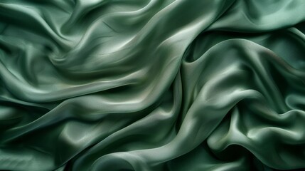 The colour is green brown silk satin with a gradient effect in olive green. The background is light dark shade. Matte, shimmer, drapery. Fabric, cloth texture.