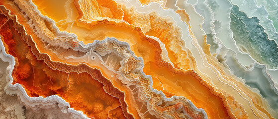 Terraces of orange calcite in the lake, top View 