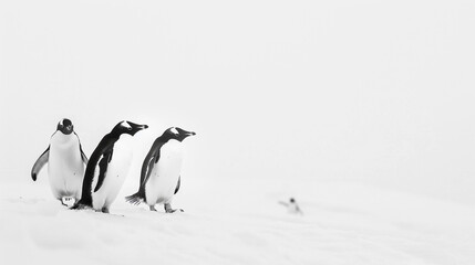 Obraz premium A group of penguins waddling together on a snowy landscape, the white background emphasizing their adorable black and white plumage.