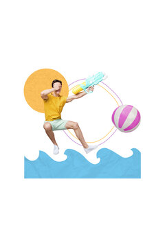 Image poster banner collage of fun young guy have fun on pool party outdoors water activity playing volleyball fight