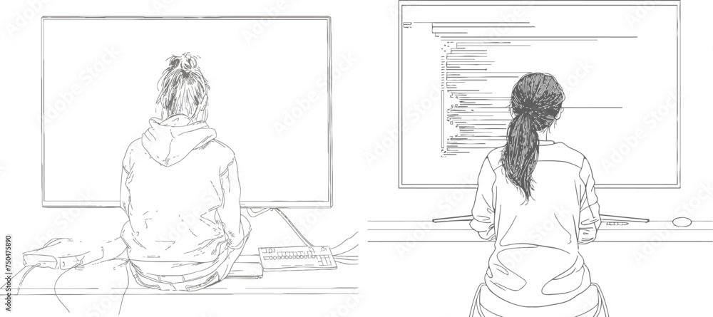 Poster woman programmer sits in front of a large monitor. one line drawing for different uses. vector illus