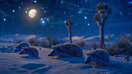A group of nomadic desert hedgehogs foraging for food in the moonlit desert.