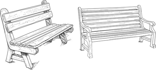 Wooden bench for garden and park. Continuous line drawing