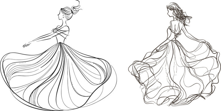 Vector isolated one single beautiful dancing woman girl in long lush ball gown dress