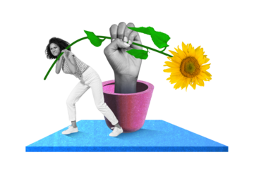 Creative retro 3d magazine collage image of purposeful lady trying growing good plant isolated painting background