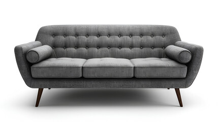 Isolated contemporary gray buttoned sofa on white, mid century style fabric sofa with carriage stitch, buttons, with legs on white background. copy space.  generative ai